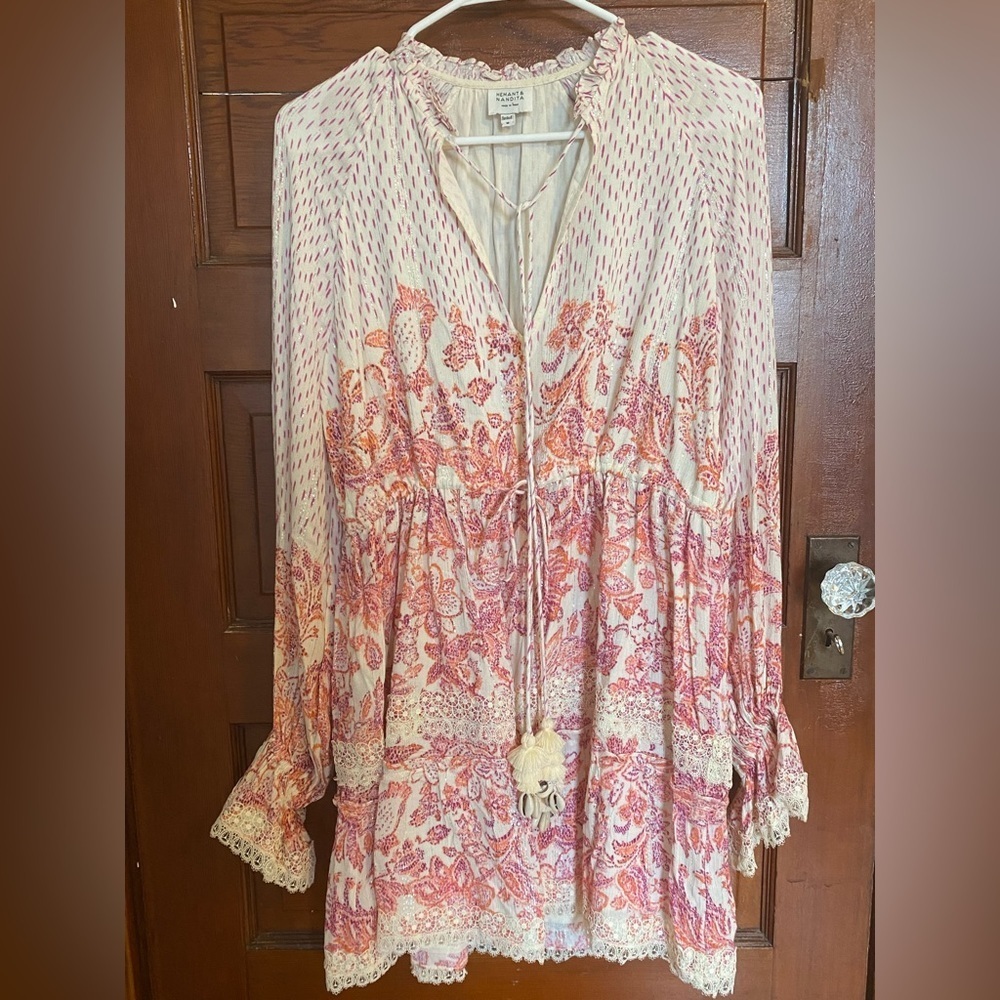 Hemant & Nandita Suki Mini Dress Off White & Crimson Red Cottagecore Rococo - Picture 2 of 5
